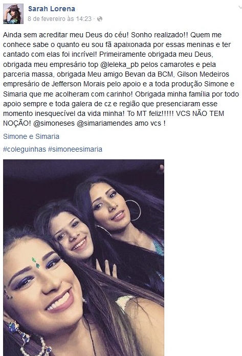 Postagem do Facebook de Saerah Lorena