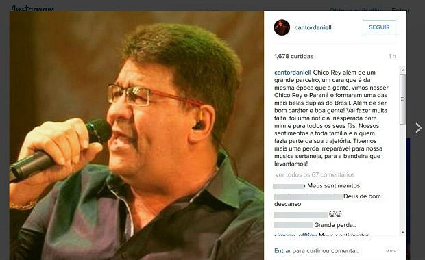 Cantor Daniel lamentou no Instagram morte do colega sertanejo (Foto: Reprodução/Instagram, com imagem de Luiz Ornaghi/Só Notícias)