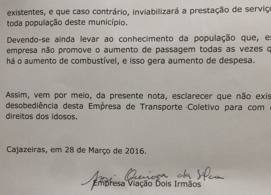Nota de esclarecimento - Viação Dois Irmãos