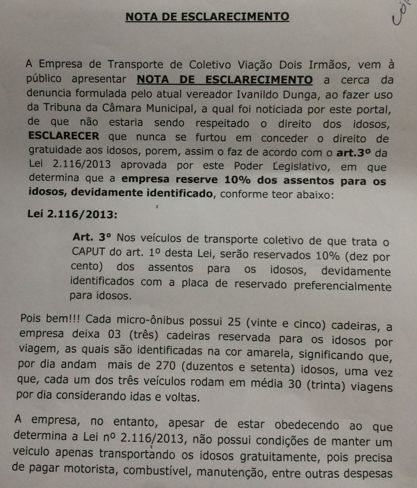 Nota de esclarecimento - Viação Dois Irmãos