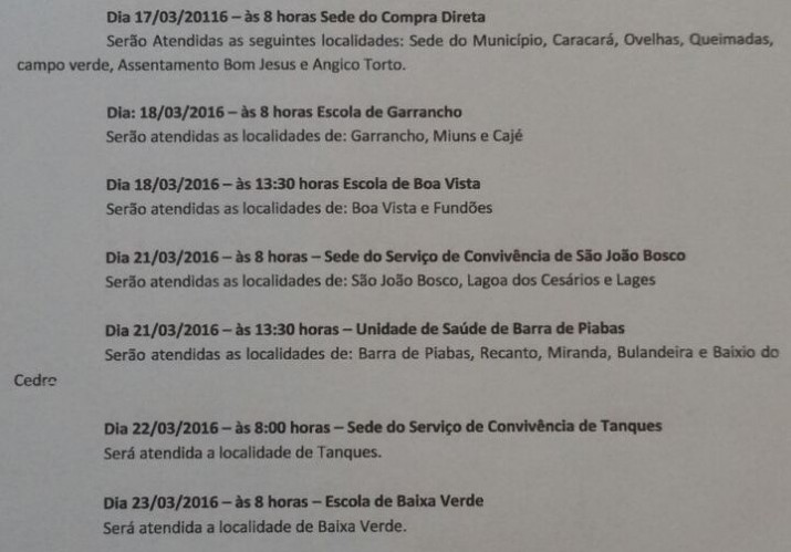 Calendário de entrega do alimento em Poço Dantas