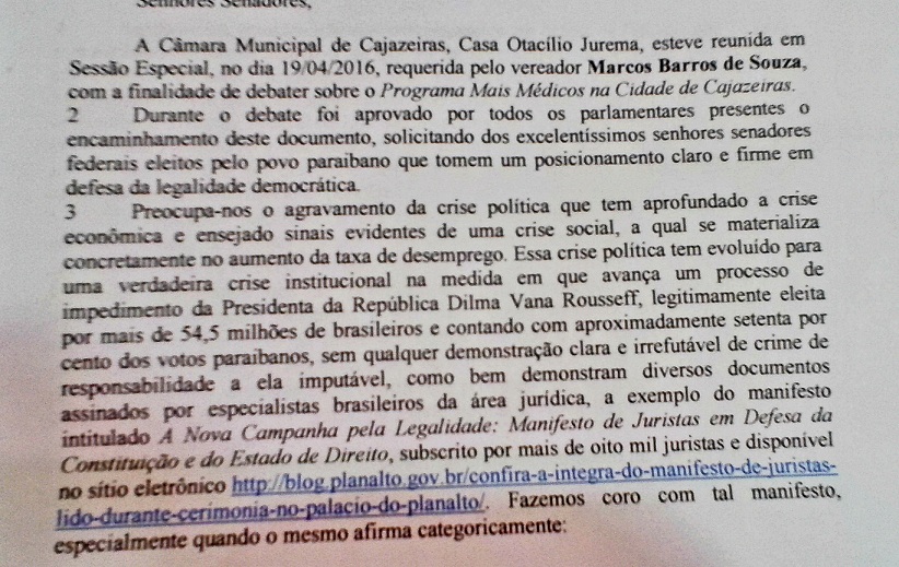 Trecho do ofício enviado aos senadores