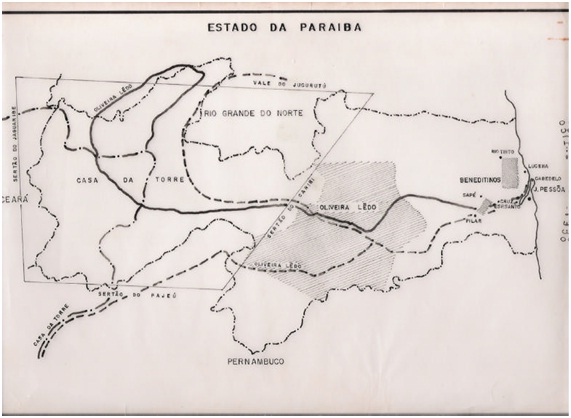 Mapa Original de Wilson Seixas sobre as vias de penetração no sertão da Paraíba e seus limites territoriais 