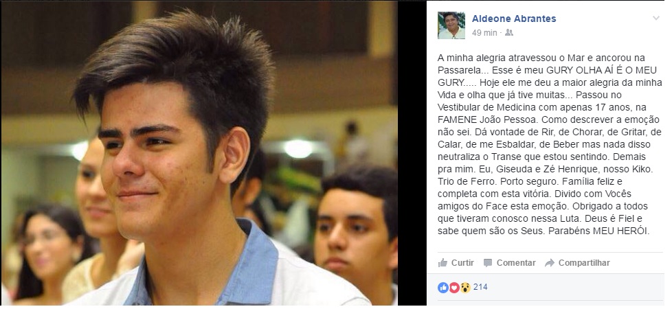 Aldeone Abrantes publicou em seu facebook a aprovação de seu filho em medicina (Foto: Facebook)
