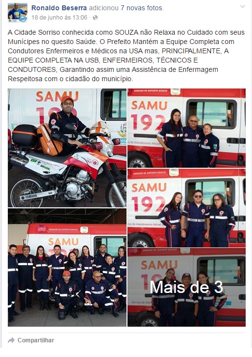Presidente do COREN parabeniza equipe do SAMU de Sousa (Foto: Facebook)