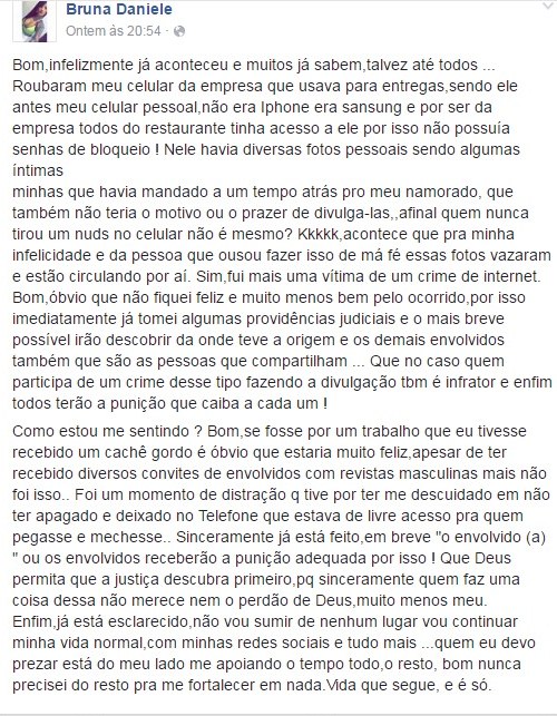 Postagem de Bruna nas redes sociais