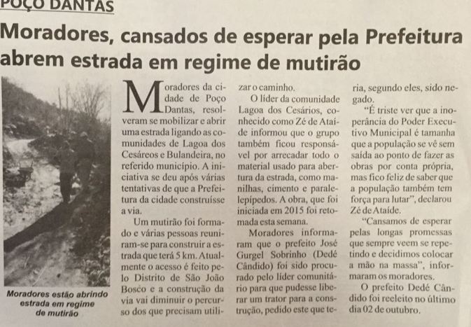 Matéria divulgada sobre a estrada