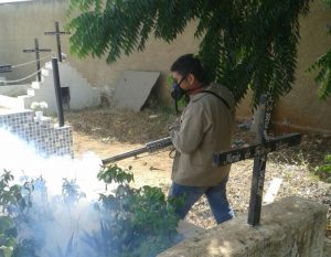 Agente aplica veneno em cemitério de Cajazeiras (Foto: Secom-CZ)
