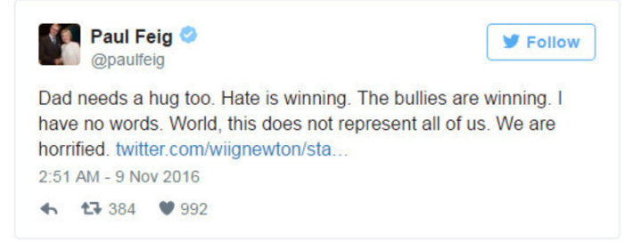 Paul Feige, diretor de Caça-Fantasmas, foi ao Twitter para mostrar sua decepção: "O papai precisa de um abraço também. O ódio venceu. Os agressores venceram. Mundo, isso não nos representa. Estamos horrorizados" 