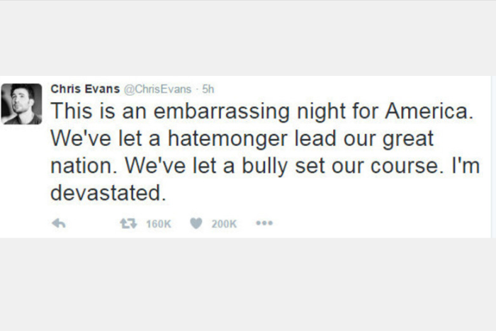 Chris Evans, o Capitão América do cinema, lamentou fortemente a vitória de Trump: "Esta é uma noite vergonhosa para a América. Deixamos um semeador da discórdia comandar nossa grande nação. Deixamos um agressor determinar nosso caminho. Estou arrasado" 