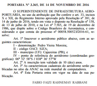 Diário Oficial da União, 17 de novembro, a homologação do aeroporto de Cajazeiras (Foto: reprodução)