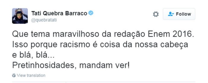 Tati Quebra Barraco elogia tema da redação (Foto: Reprodução/Twitter)