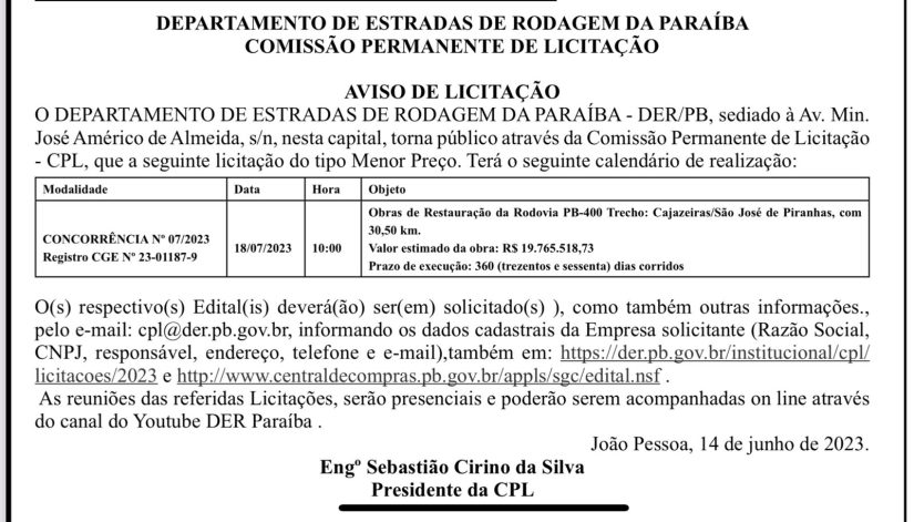 aviso de licitação para pb 400